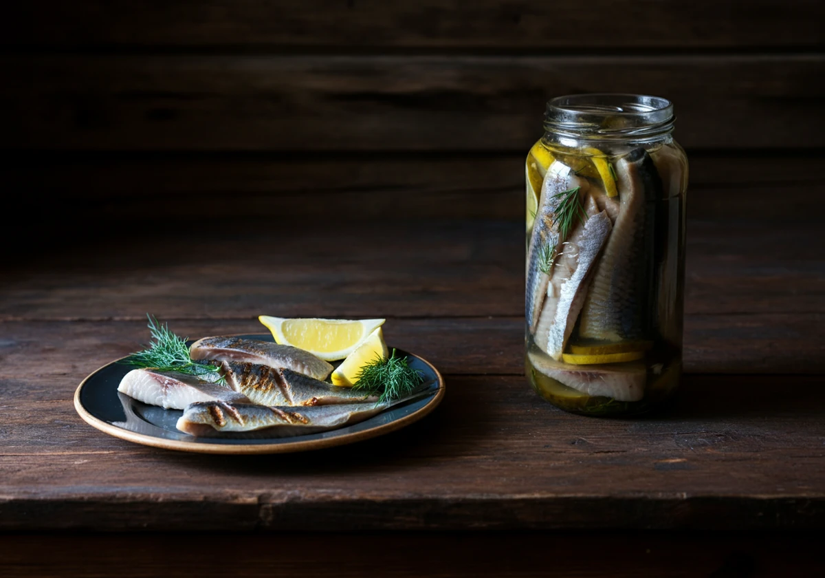 Marinert og grillet sild servert på et trebord