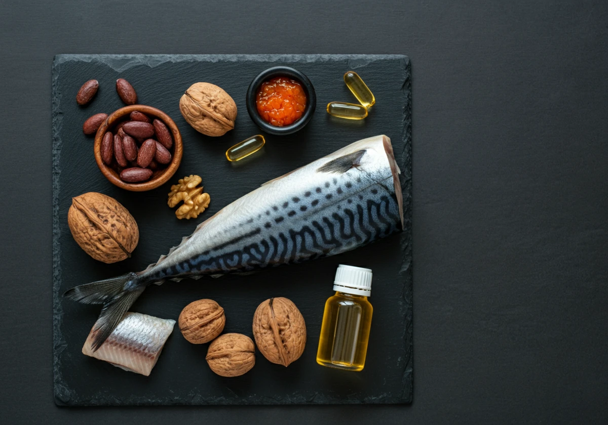 Flatlay med omega-3-rik mat der sild står i sentrum