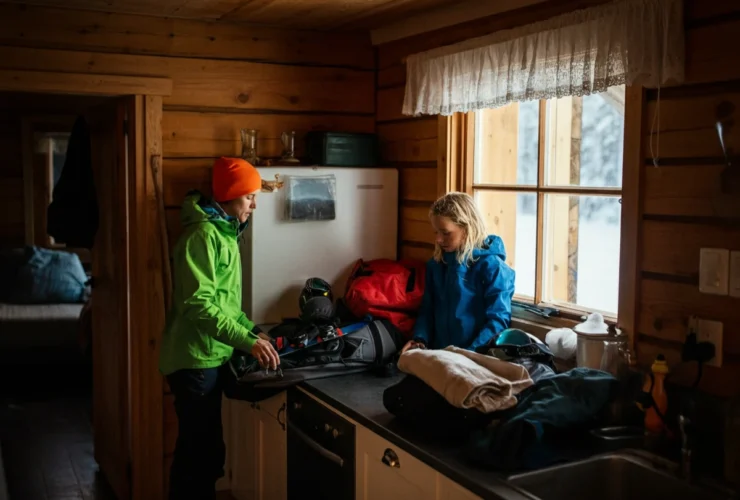 Utslitt norsk familie pakker ut skiutstyr etter skiferie med utbrenthet