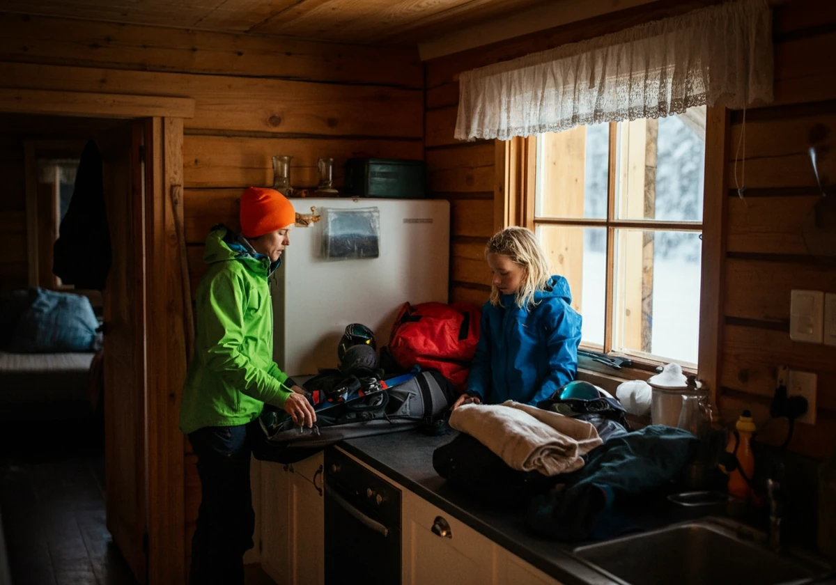 Utslitt norsk familie pakker ut skiutstyr etter skiferie med utbrenthet