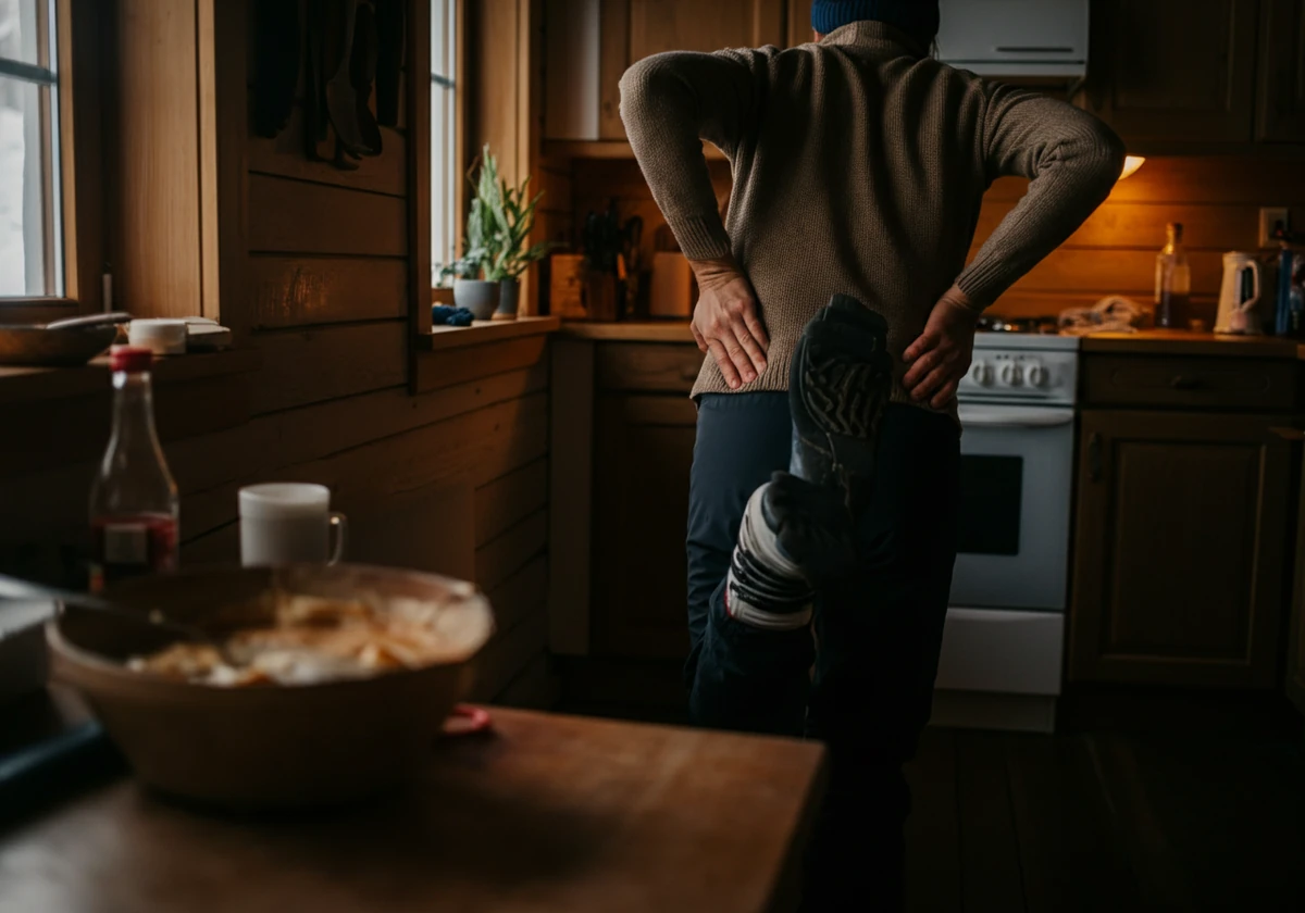 Person tøyer stive ben etter en uke med ski