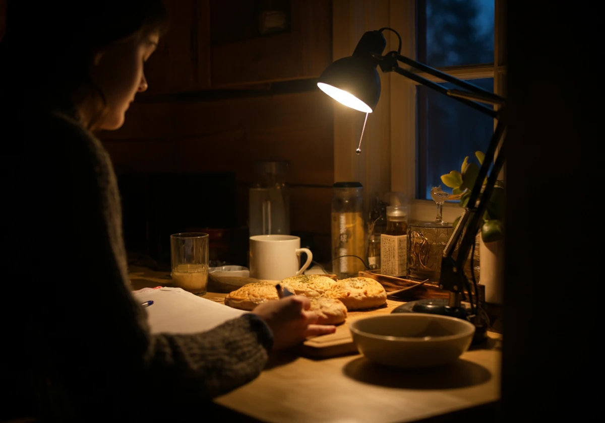 Person som bruker dagslyslampe på kontoret i mørketiden