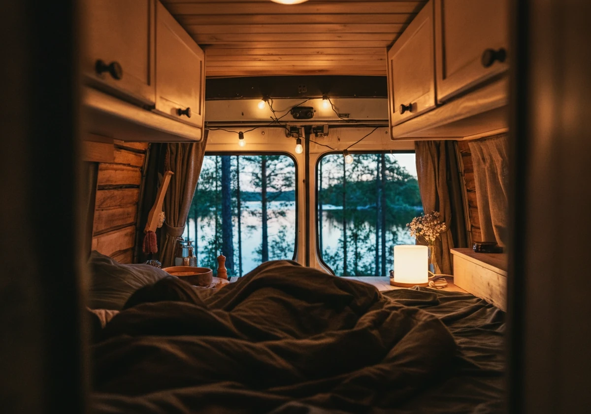 Person som sover i bobil parkert ved skog og vann