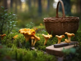 Kantarell som vokser i mosen i en norsk skog, med kurv og kniv ved siden av