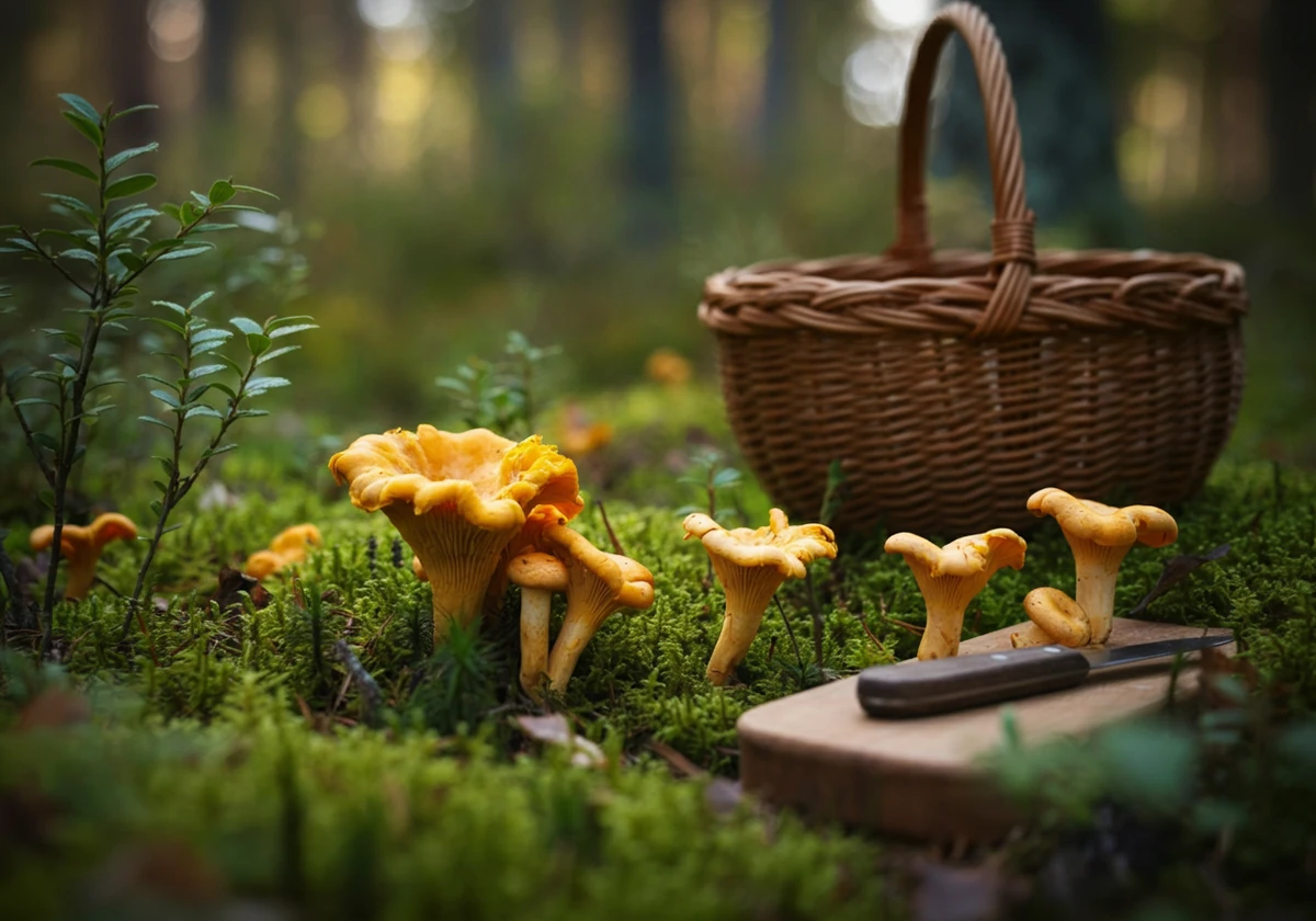Kantarell som vokser i mosen i en norsk skog, med kurv og kniv ved siden av