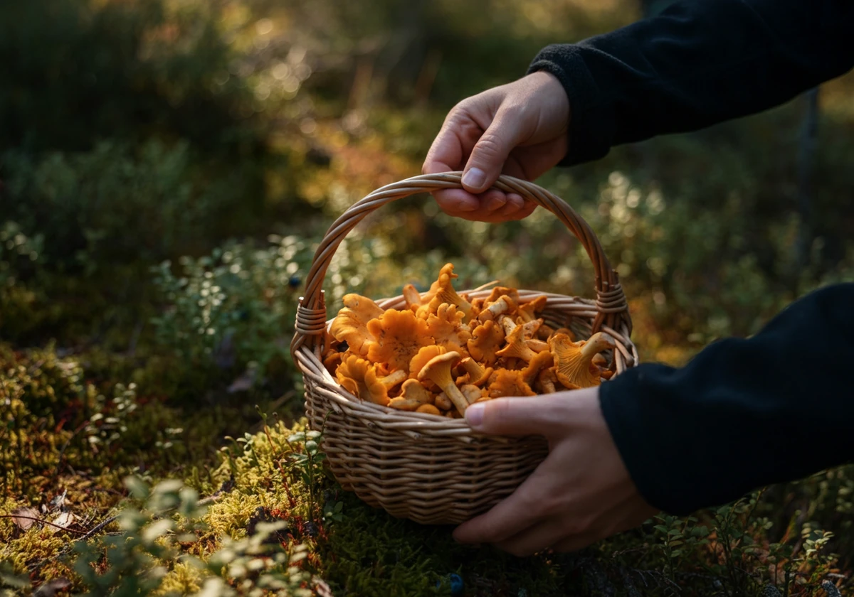Hender som holder en kurv med nyplukket kantarell i norsk skog