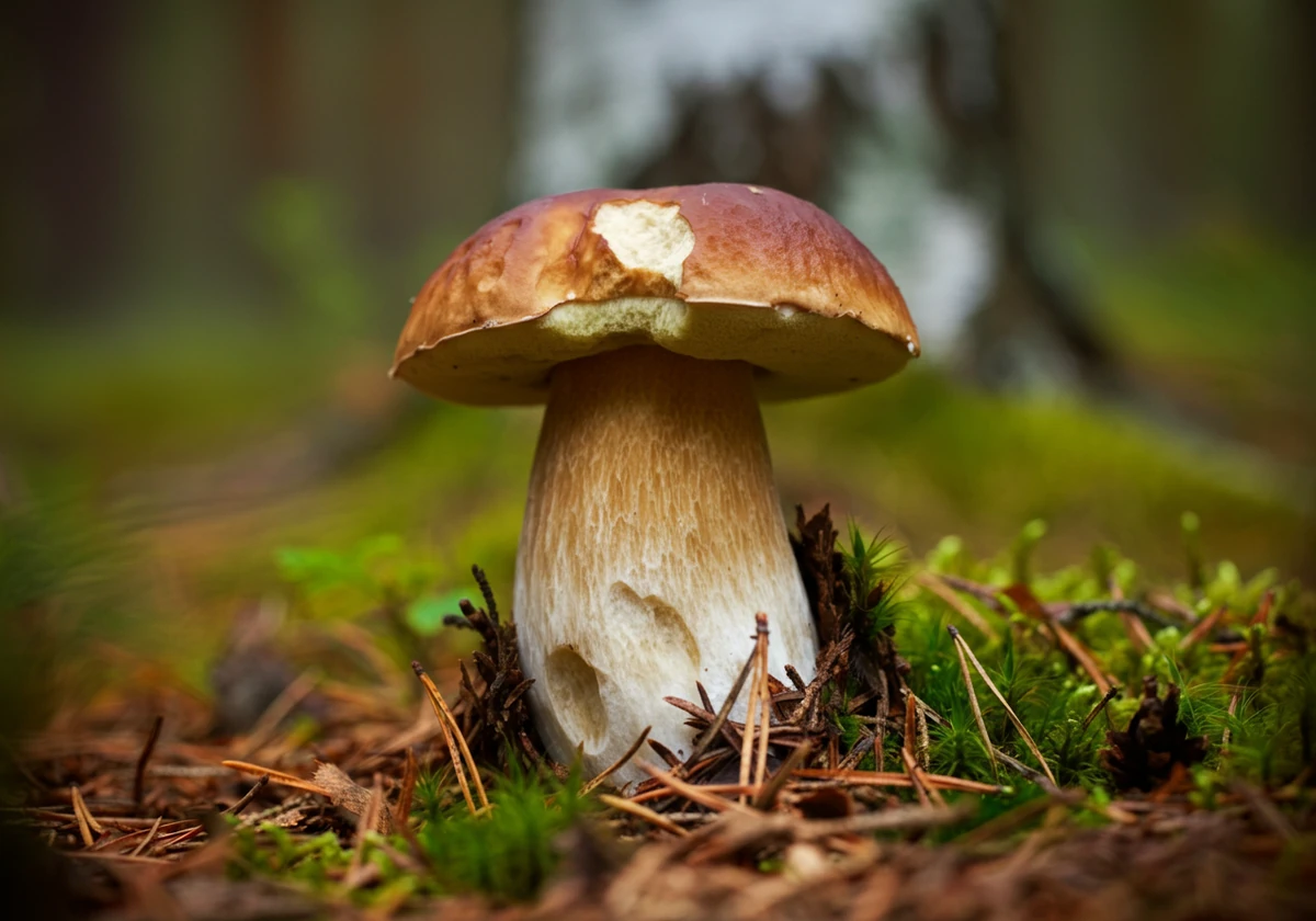 Steinsopp med tykk stilk og brun hatt under et bjørketre i norsk skog