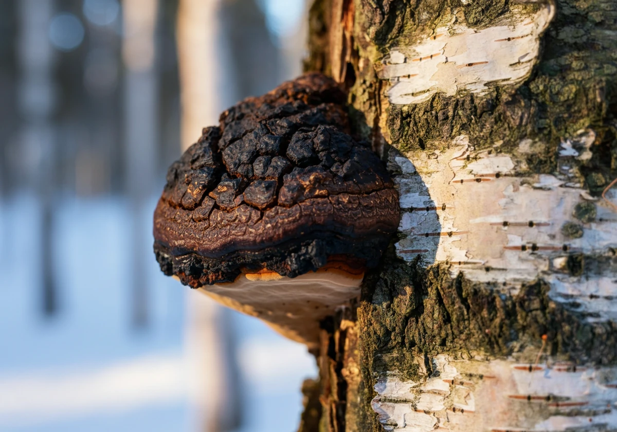 Chaga som vokser på en bjørkestamme i snødekt norsk vinterskog