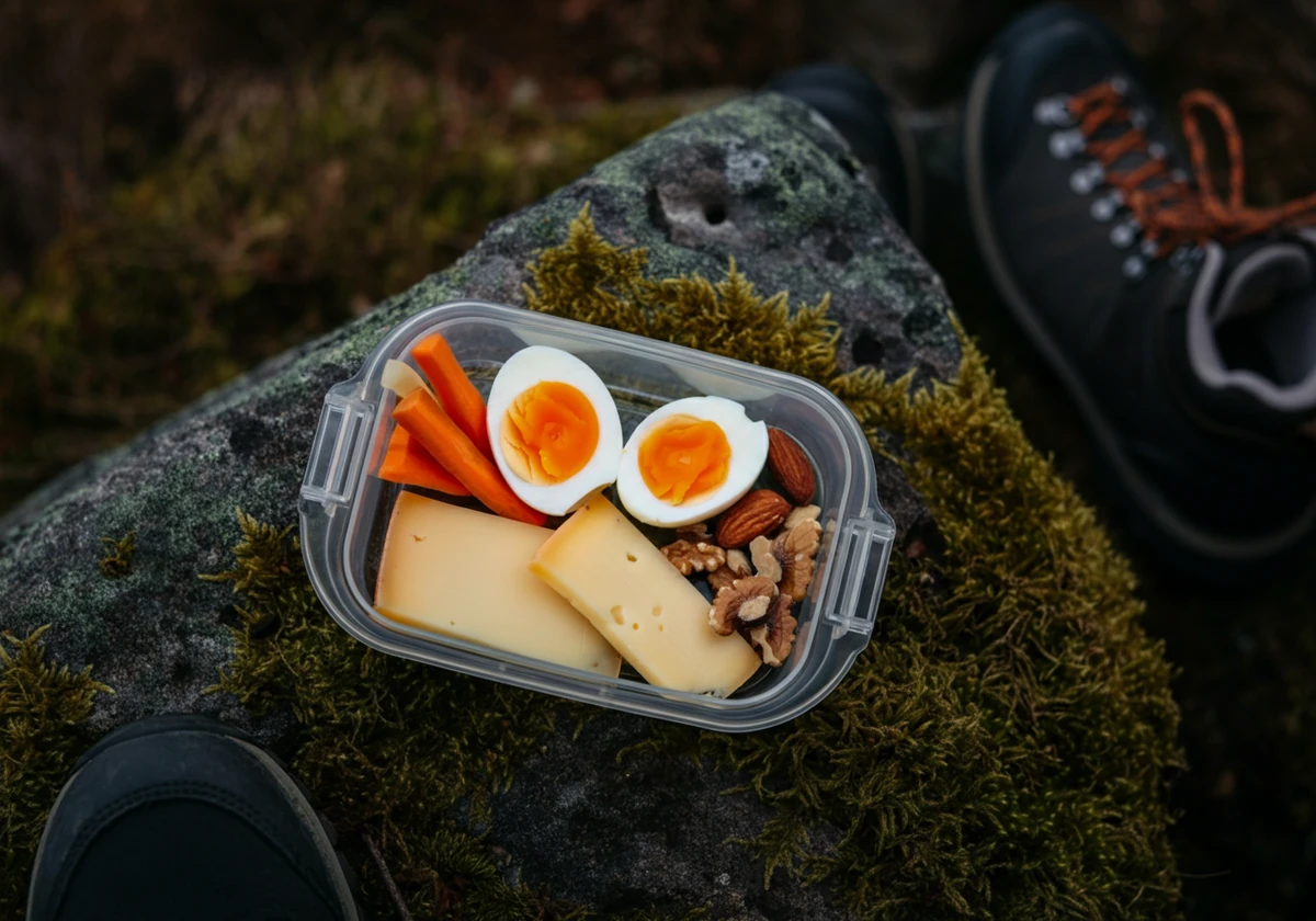 Matpakke med proteinrik mat pakket for fjelltur på bobilferie