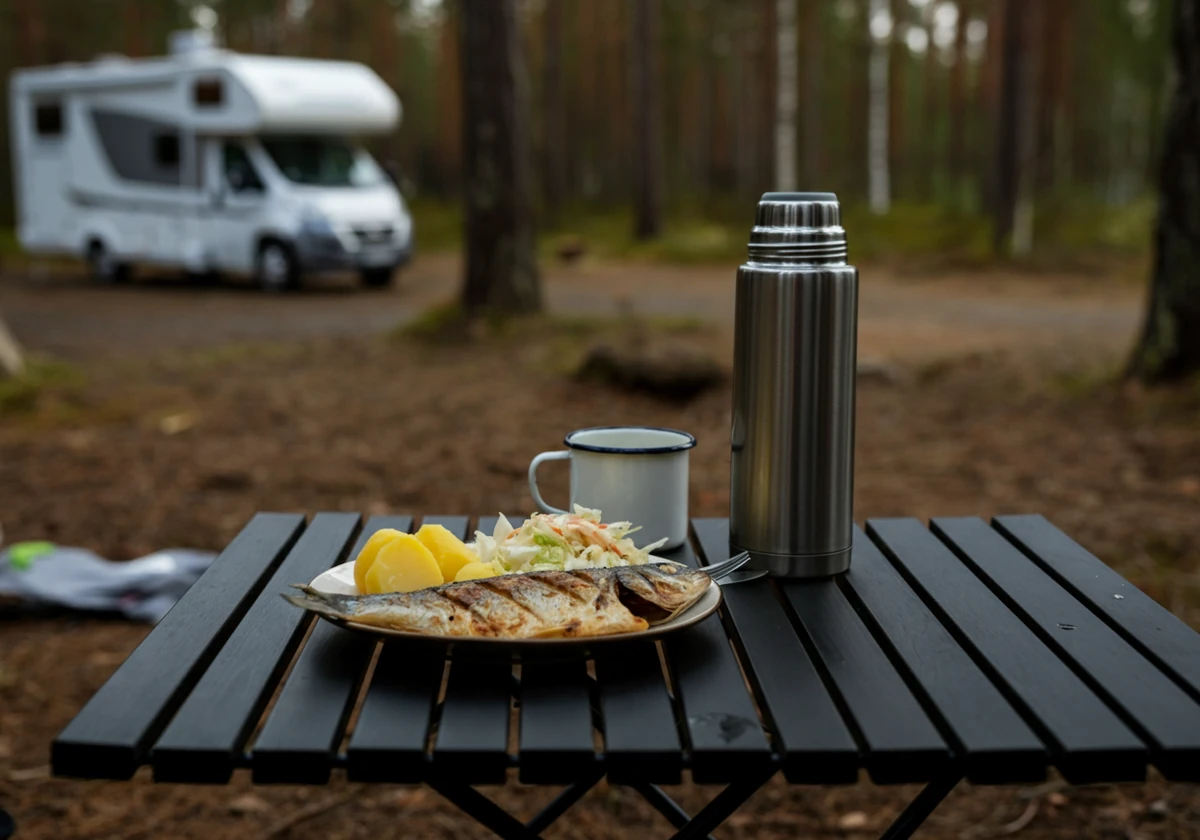 Enkelt og næringsrikt måltid servert på campingbord utenfor bobilen
