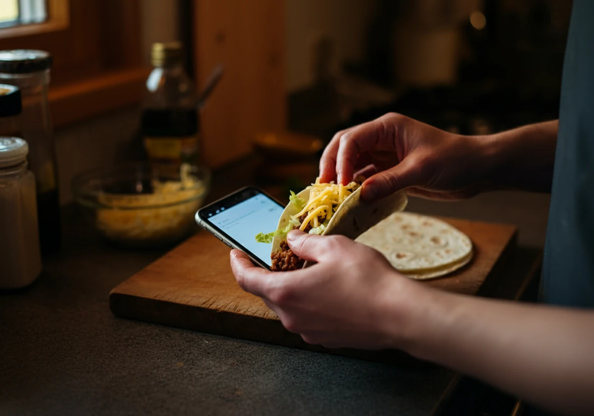 Hender som setter sammen en fylt taco med kjøttdeig og grønnsaker