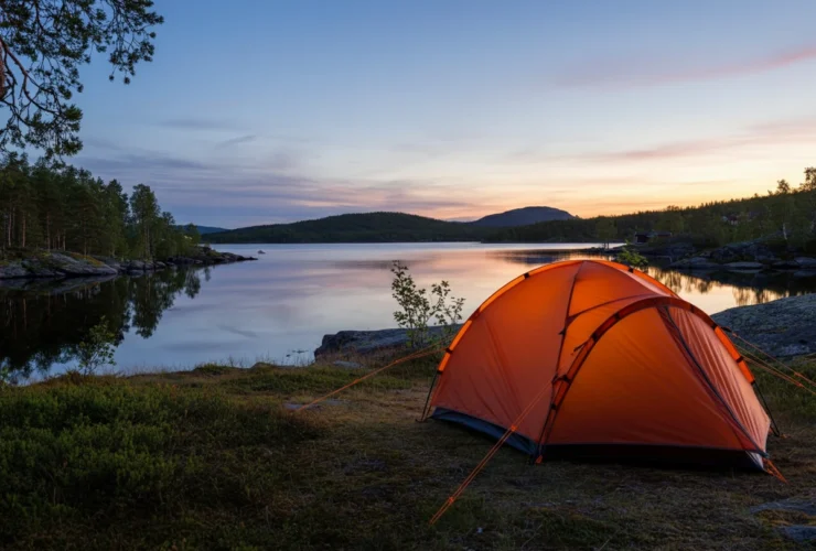 Telt satt opp ved en stille norsk innsjø i skumring, klart for å sove i telt