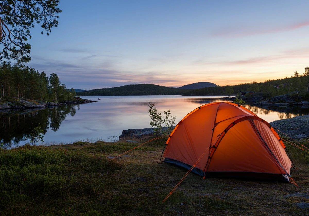 Telt satt opp ved en stille norsk innsjø i skumring, klart for å sove i telt