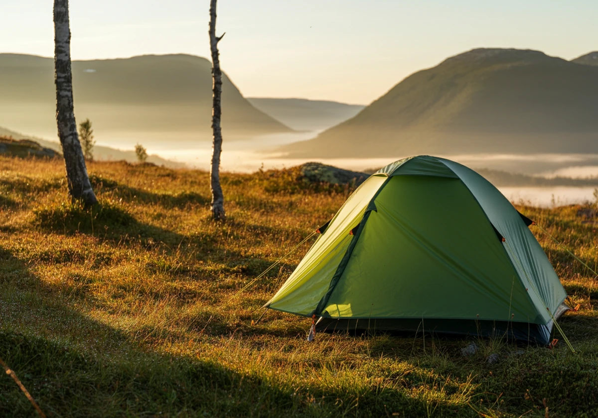 Morgenlys over et telt i norsk natur etter en natt ute