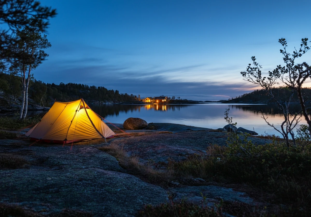 Telt ved en rolig innsjø i skumring, gode forhold for å sove i telt