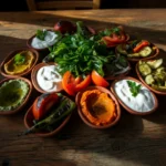 Fargerikt tyrkisk mezebord som viser hvordan tyrkisk mat sunt kan se ut