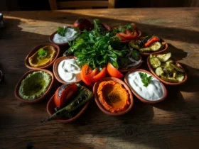 Fargerikt tyrkisk mezebord som viser hvordan tyrkisk mat sunt kan se ut