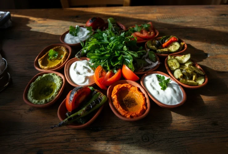 Fargerikt tyrkisk mezebord som viser hvordan tyrkisk mat sunt kan se ut