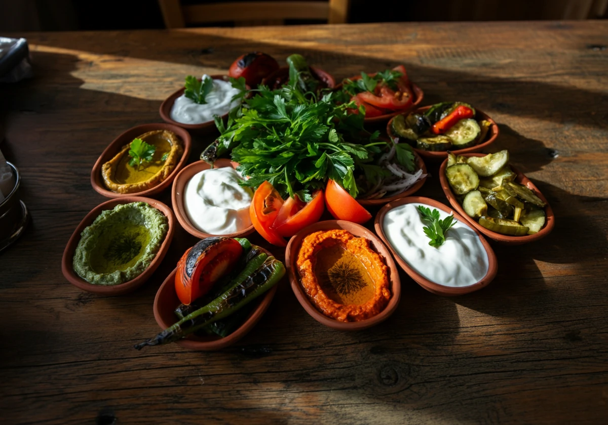 Fargerikt tyrkisk mezebord som viser hvordan tyrkisk mat sunt kan se ut