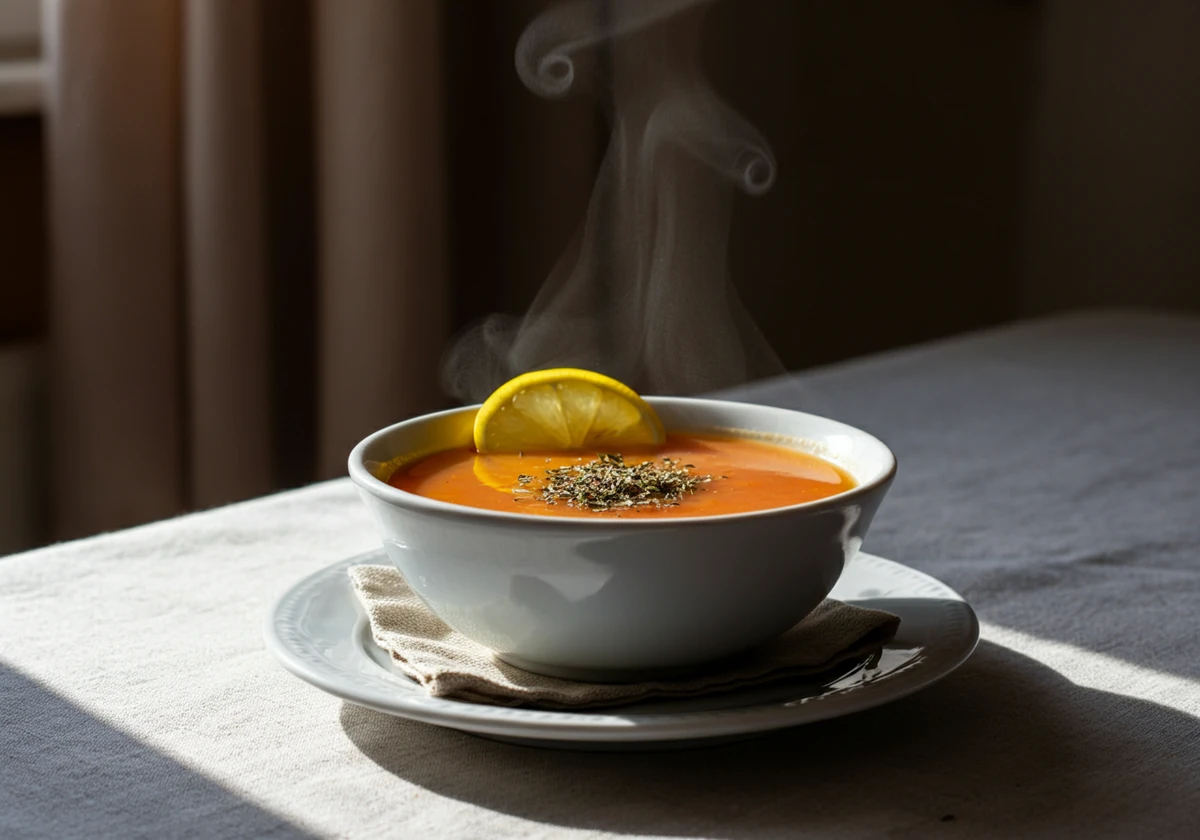 Skål med tyrkisk linsesuppe med sitron og tørket mynte