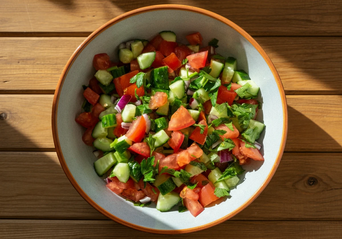 Fersk tyrkisk hyrdesalat med tomat, agurk og persille i grønnsaker