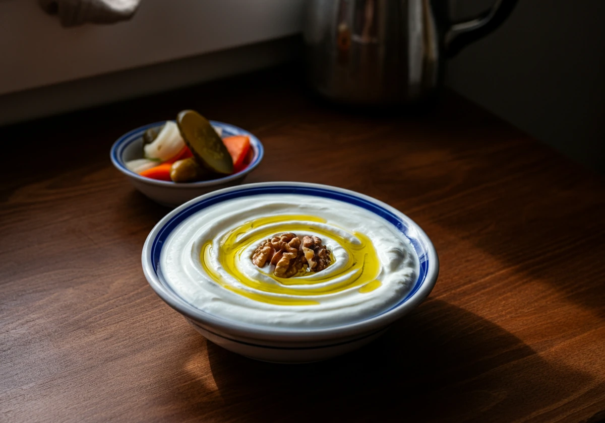 Bolle med tykk tyrkisk yoghurt, olivenolje og valnøtter