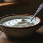 Tyrkisk yoghurt tykk og silt i en rustikk bolle med skje som står oppreist