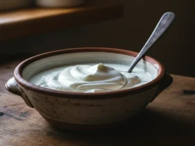 Tyrkisk yoghurt tykk og silt i en rustikk bolle med skje som står oppreist