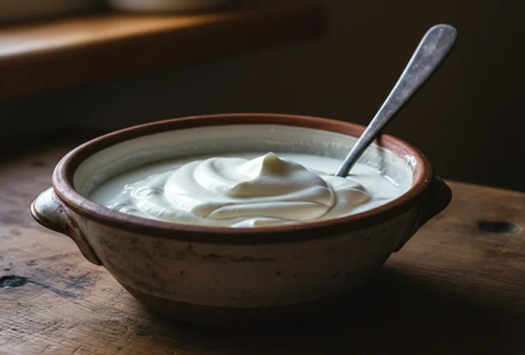 Tyrkisk yoghurt tykk og silt i en rustikk bolle med skje som står oppreist