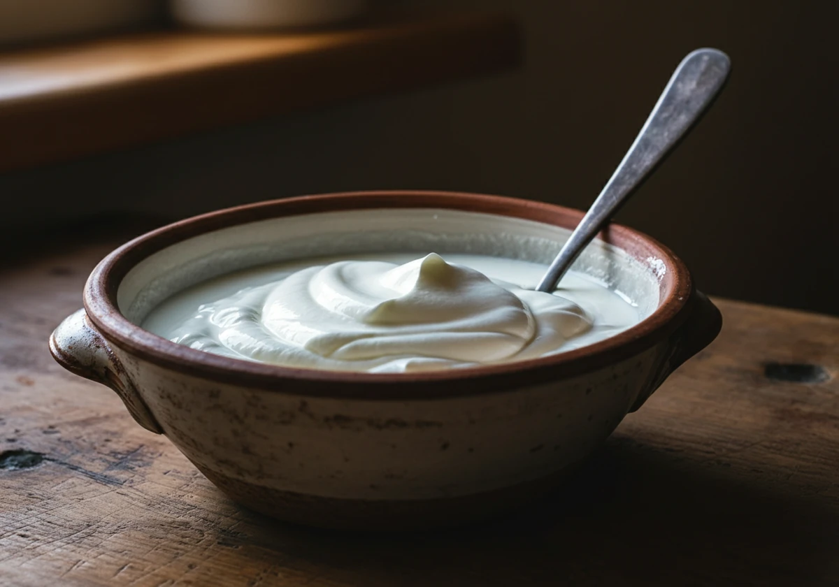 Tyrkisk yoghurt tykk og silt i en rustikk bolle med skje som står oppreist