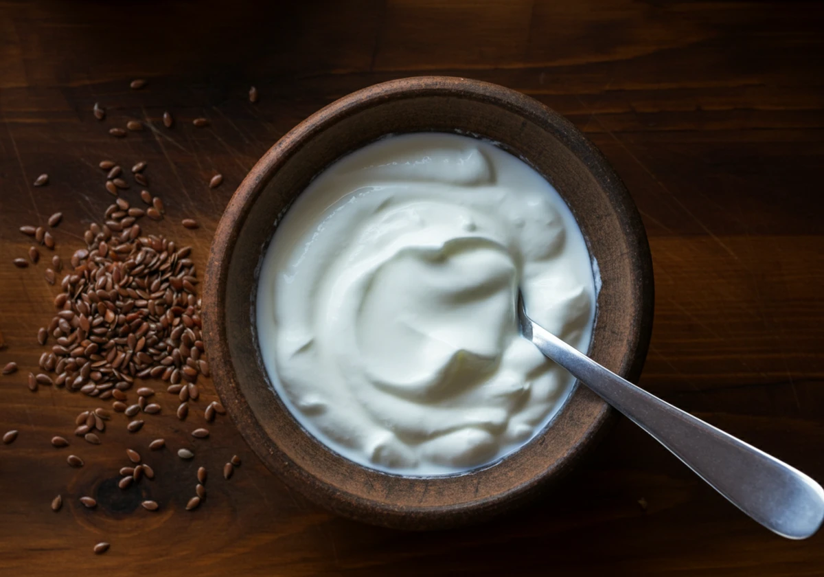 Tett tyrkisk yoghurt i steintøysbolle sett ovenfra på trebord