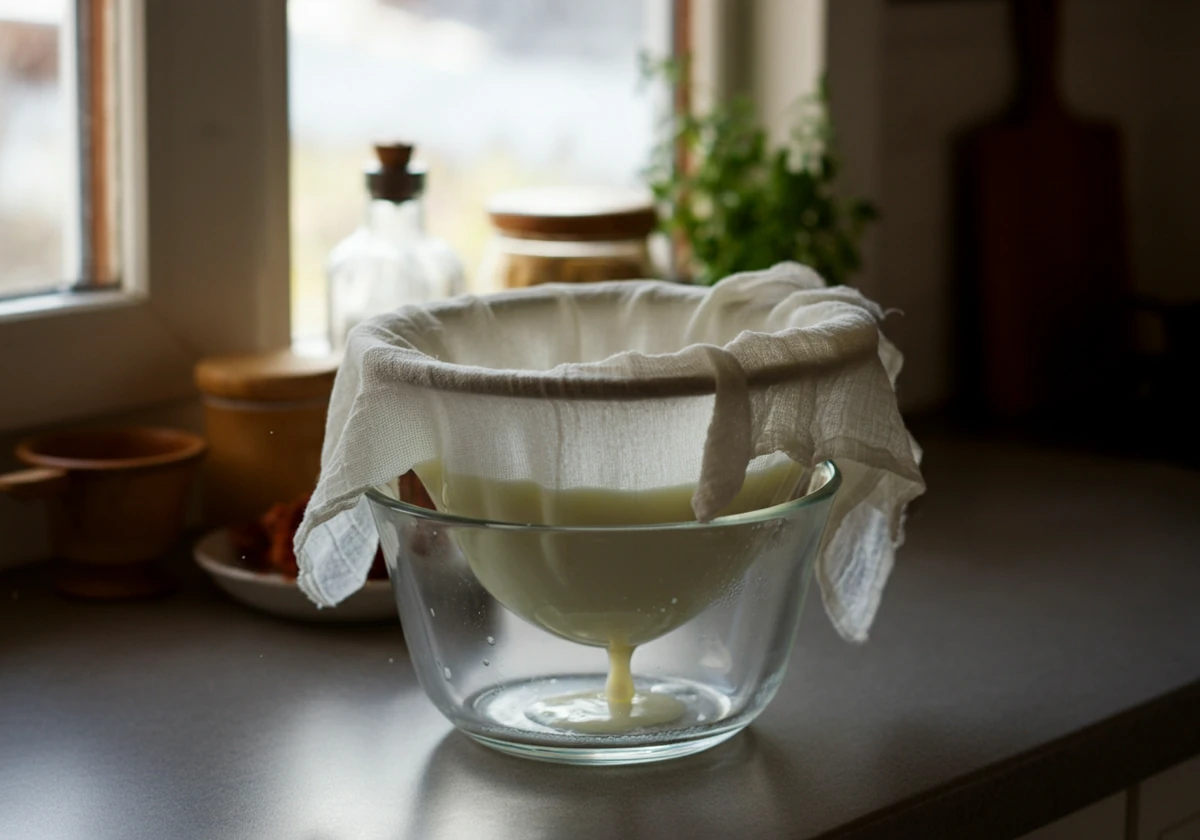 Yoghurt som siles gjennom bomullsklut mens myse drypper i glassbolle