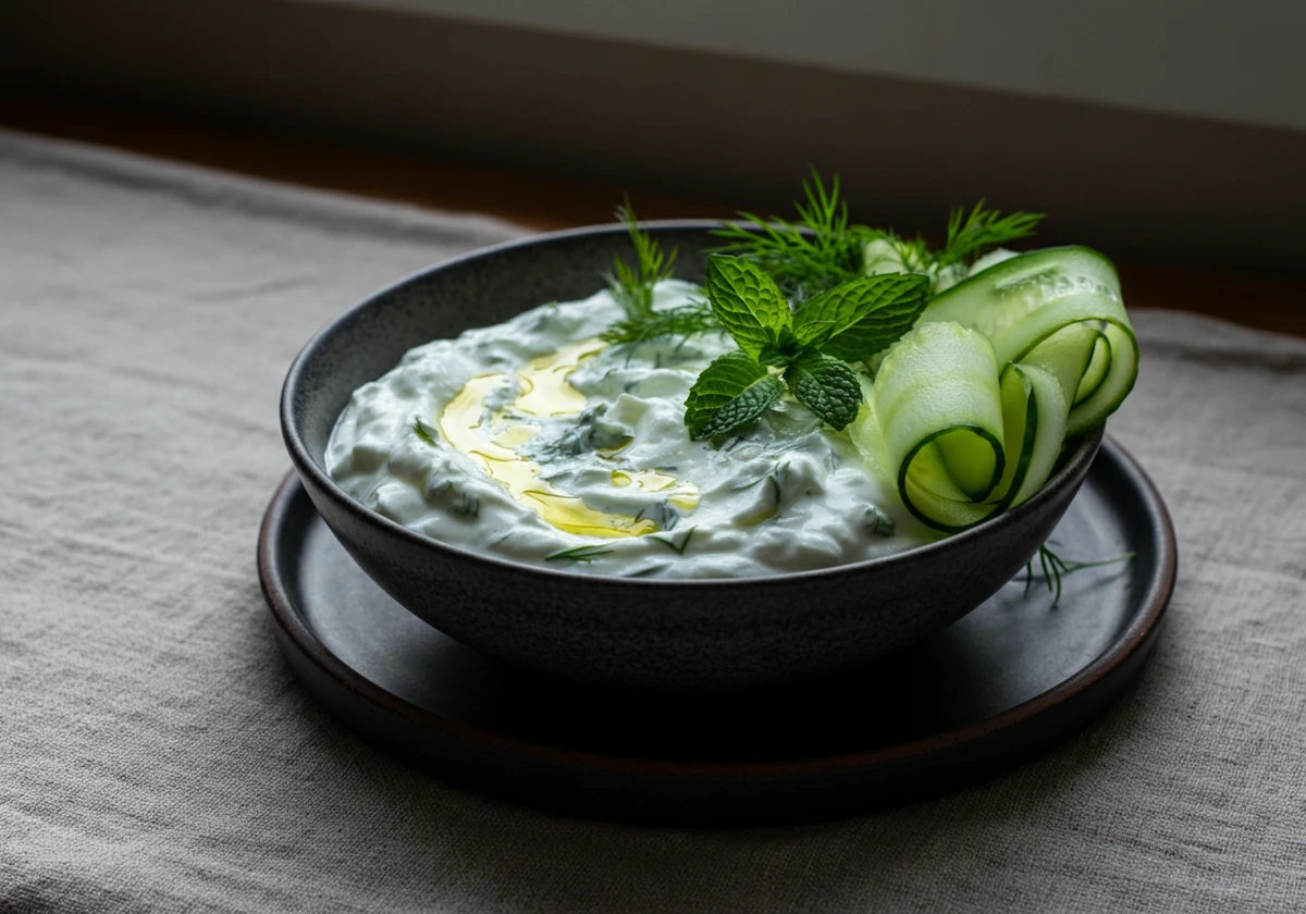 Cacik av tyrkisk yoghurt med agurk dill og mynte i mørk keramikkbolle