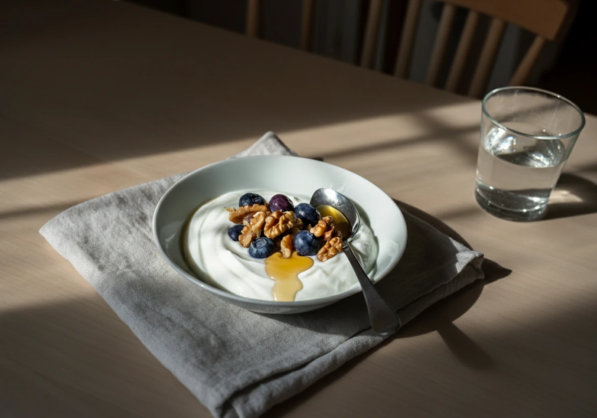 Frokostbolle med tyrkisk yoghurt honning valnøtter og blåbær