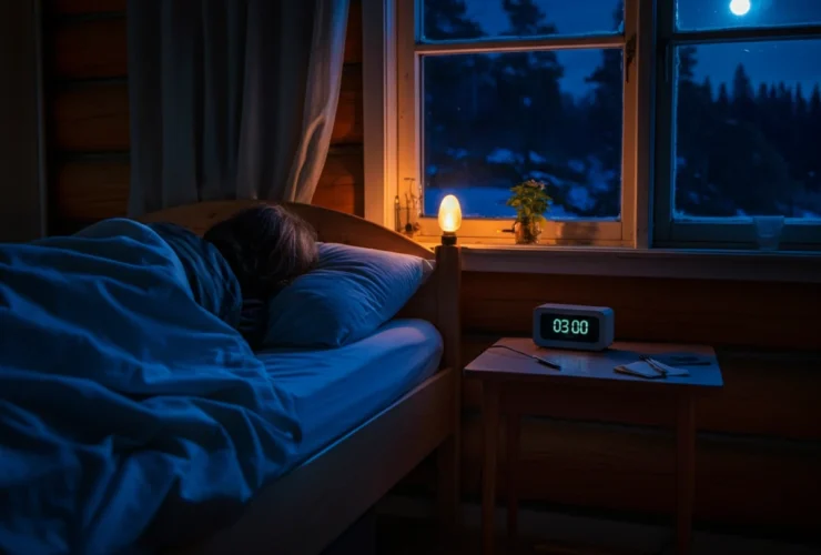 Person som våkner om natten og ligger våken i en norsk soverom med klokka på 03:00
