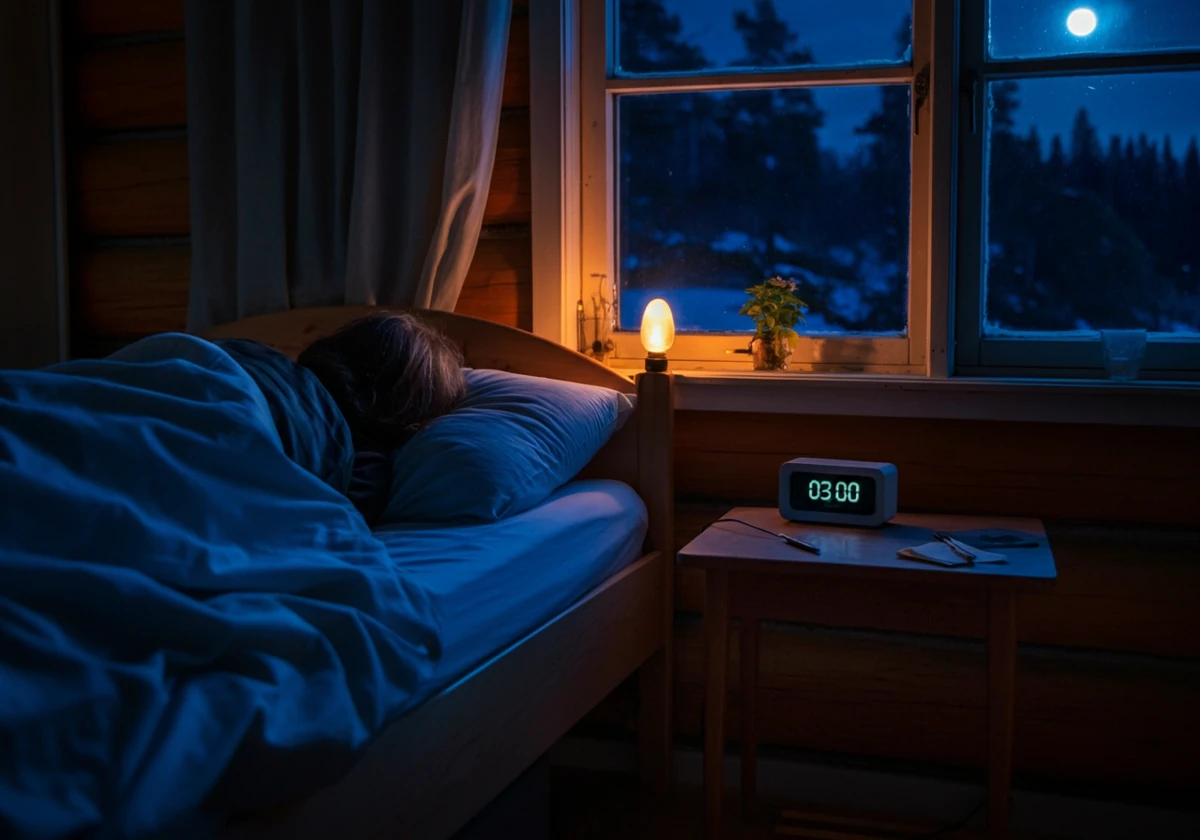 Person som våkner om natten og ligger våken i en norsk soverom med klokka på 03:00
