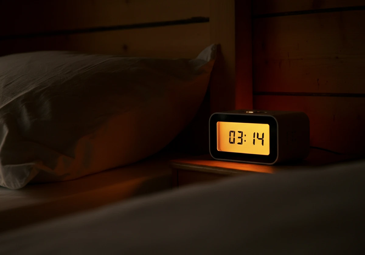 Digital vekkerklokke som viser 03:14 i et mørkt soverom