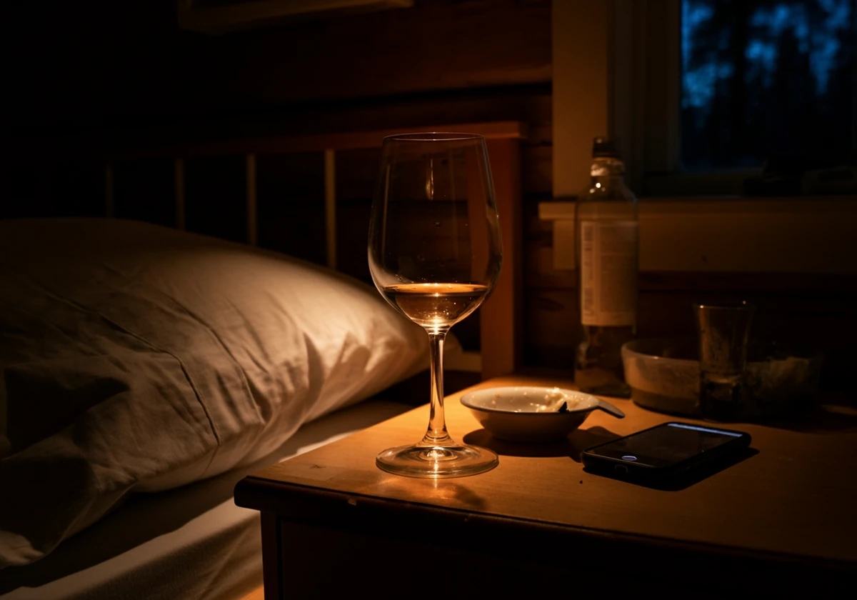 Halvtomt vinglass på nattbordet ved siden av en seng