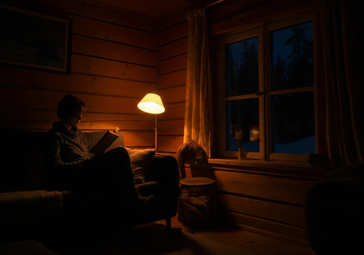Person som sitter rolig med bok og te midt på natten i en norsk stue