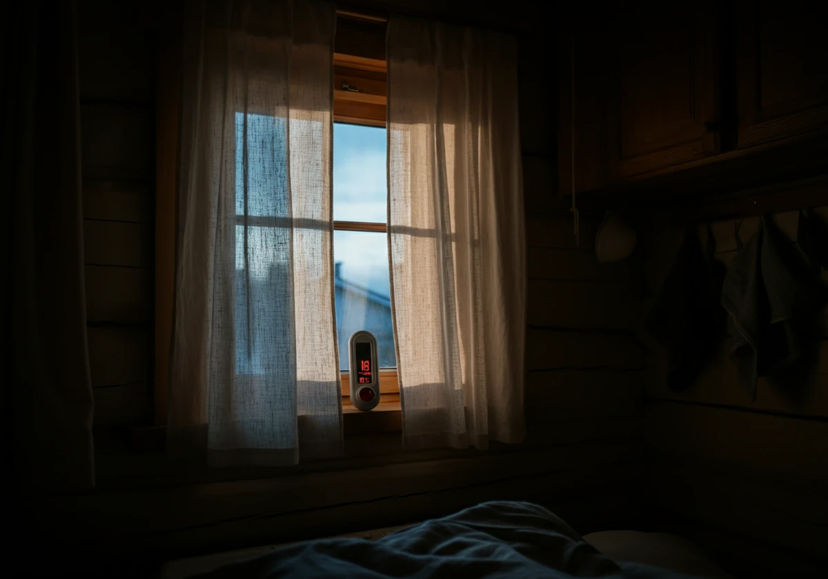 Kjølig soverom med åpent vindu og termometer som viser 18 grader