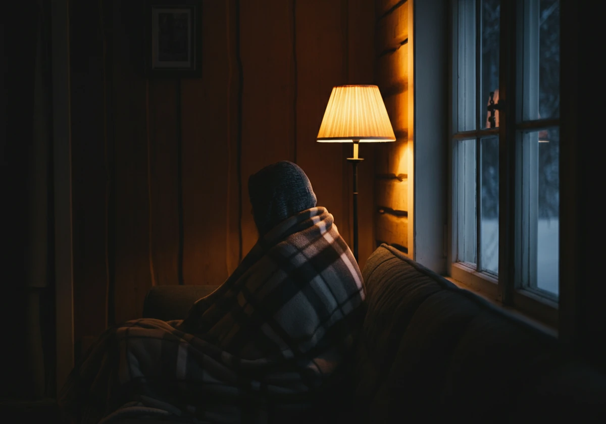 Person pakket inn i pledd i sofaen kjenner vinterdvale følelsen ved et mørkt vindu