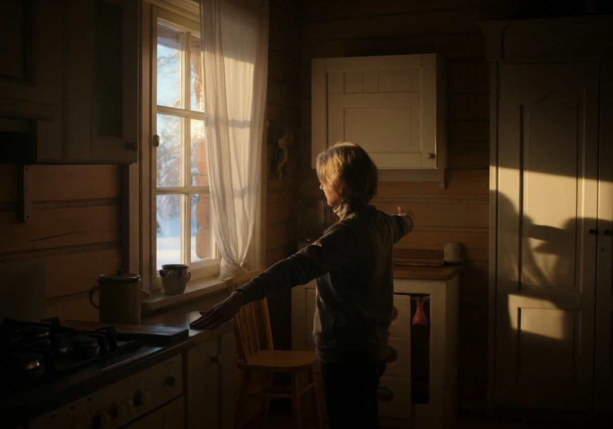 Person tøyer rolig ved vinduet i svakt vinterlys om morgenen