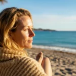 Kvinne soler seg på strand om vinteren, illustrasjon til vinterferie og d-vitamin