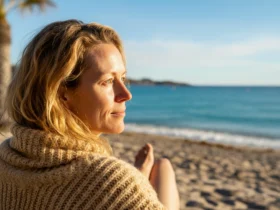 Kvinne soler seg på strand om vinteren, illustrasjon til vinterferie og d-vitamin
