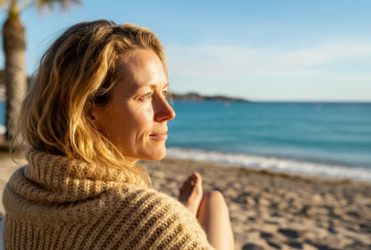 Kvinne soler seg på strand om vinteren, illustrasjon til vinterferie og d-vitamin