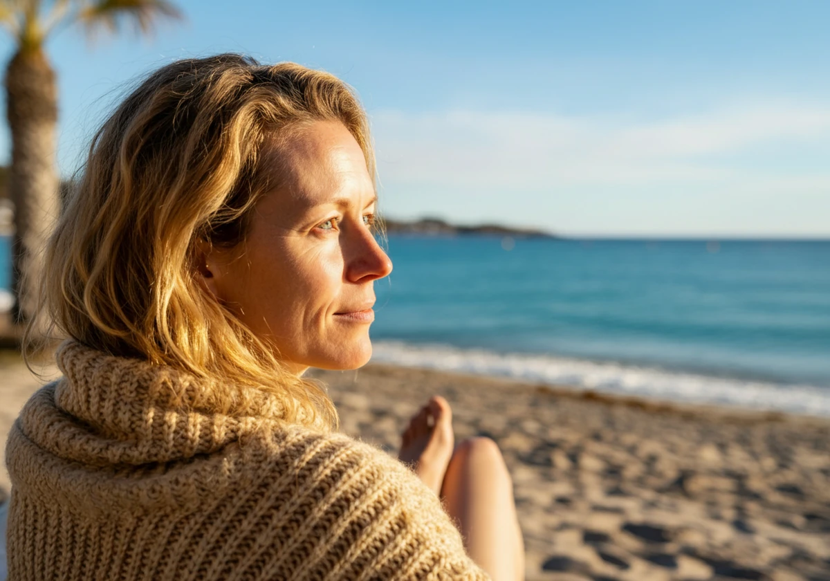 Kvinne soler seg på strand om vinteren, illustrasjon til vinterferie og d-vitamin
