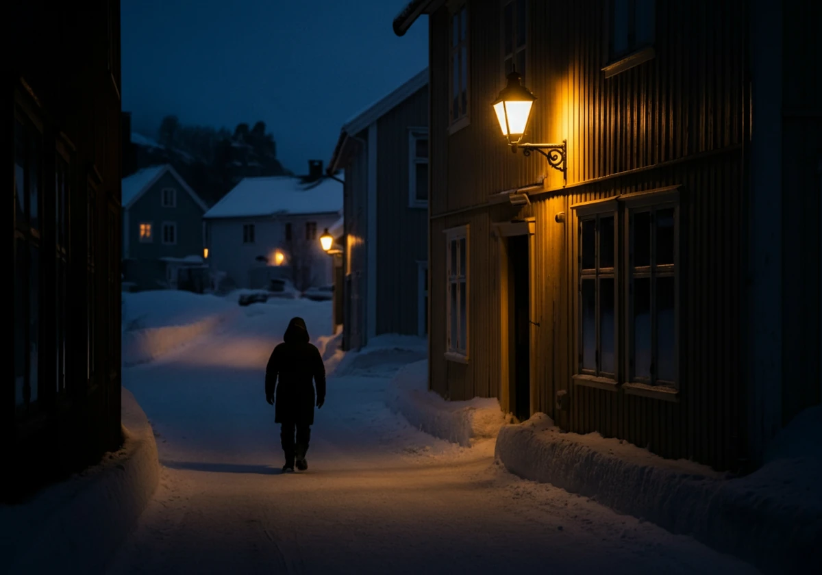 Mørk norsk vintergate i mørketiden med snø og lite dagslys