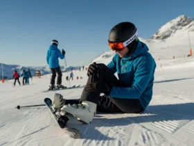 Skiløper sitter i snøen og undersøker kneet etter vintersport skader i alpinbakken
