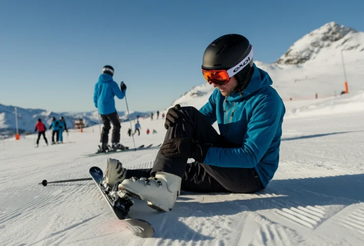 Skiløper sitter i snøen og undersøker kneet etter vintersport skader i alpinbakken