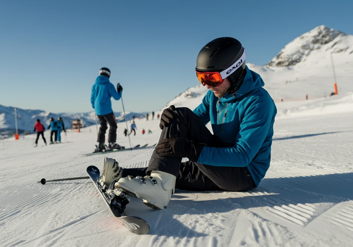 Skiløper sitter i snøen og undersøker kneet etter vintersport skader i alpinbakken